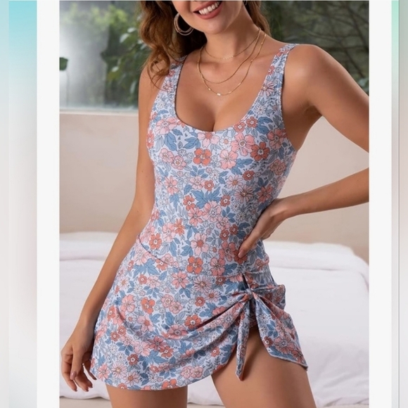 Eomenie One Piece Swimdress Swimsuits Tummy Control Orange Floral Print 18W - Picture 1 of 16